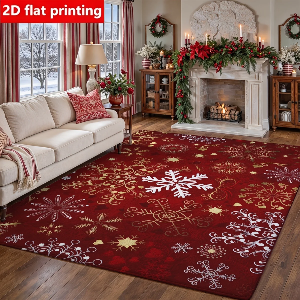 [2d Flat]A Christmas-themed Decorative Piece, Featuring a Pattern of Red Snowflakes And Stars. Suitable For Use As a Floor Covering In a Living Room, Bedroom, Reception Area, Entryway