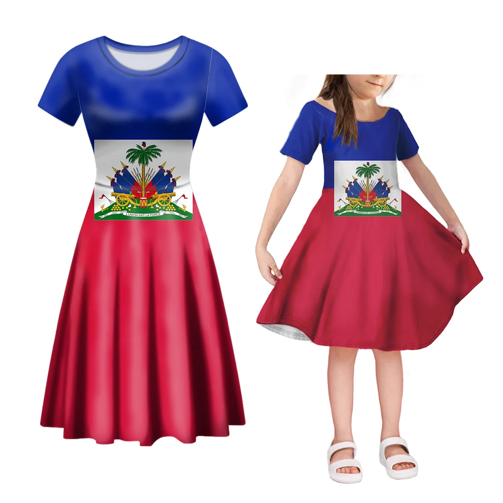 

NOISYDESIGNS Women Dress Family Party O-Neck Short Sleeves Red and Blue Haiti Flag Print Fashion Mother Daughter Clothes