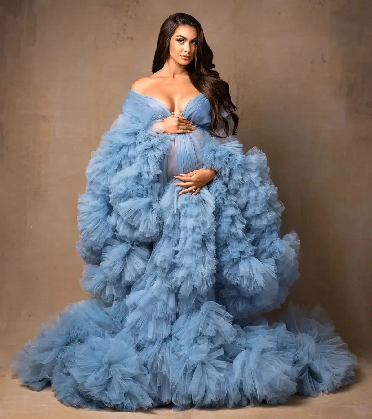 Bufiasta, potargana tiulowa sukienka ciążowa damskie szaty do sesji zdjęciowej wyjątkowo puszysta fotografia baby shower de vêtements de maternité