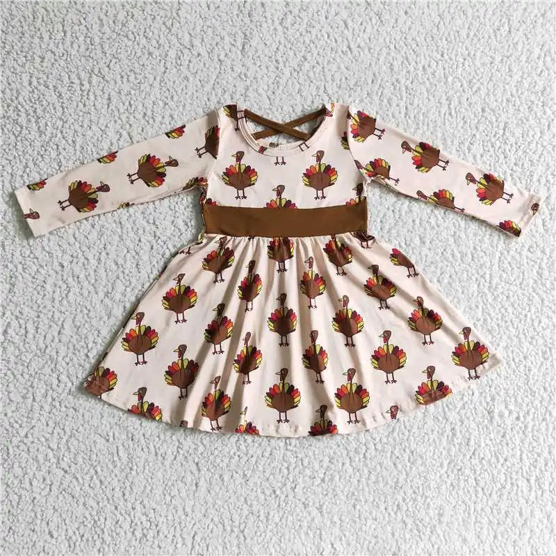 8.09 Girls Autumn And Winter Long-Sleeved Thanksgiving Dress With Bright Colors And Multi-Element Pattern Turkey Ruffle