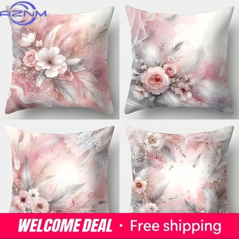 Home Decor Floral & Feather Pillowcase for Elegant Decor Pattern Cushion Cover Suitable for Sofa Bedroom Car Pillow Cover