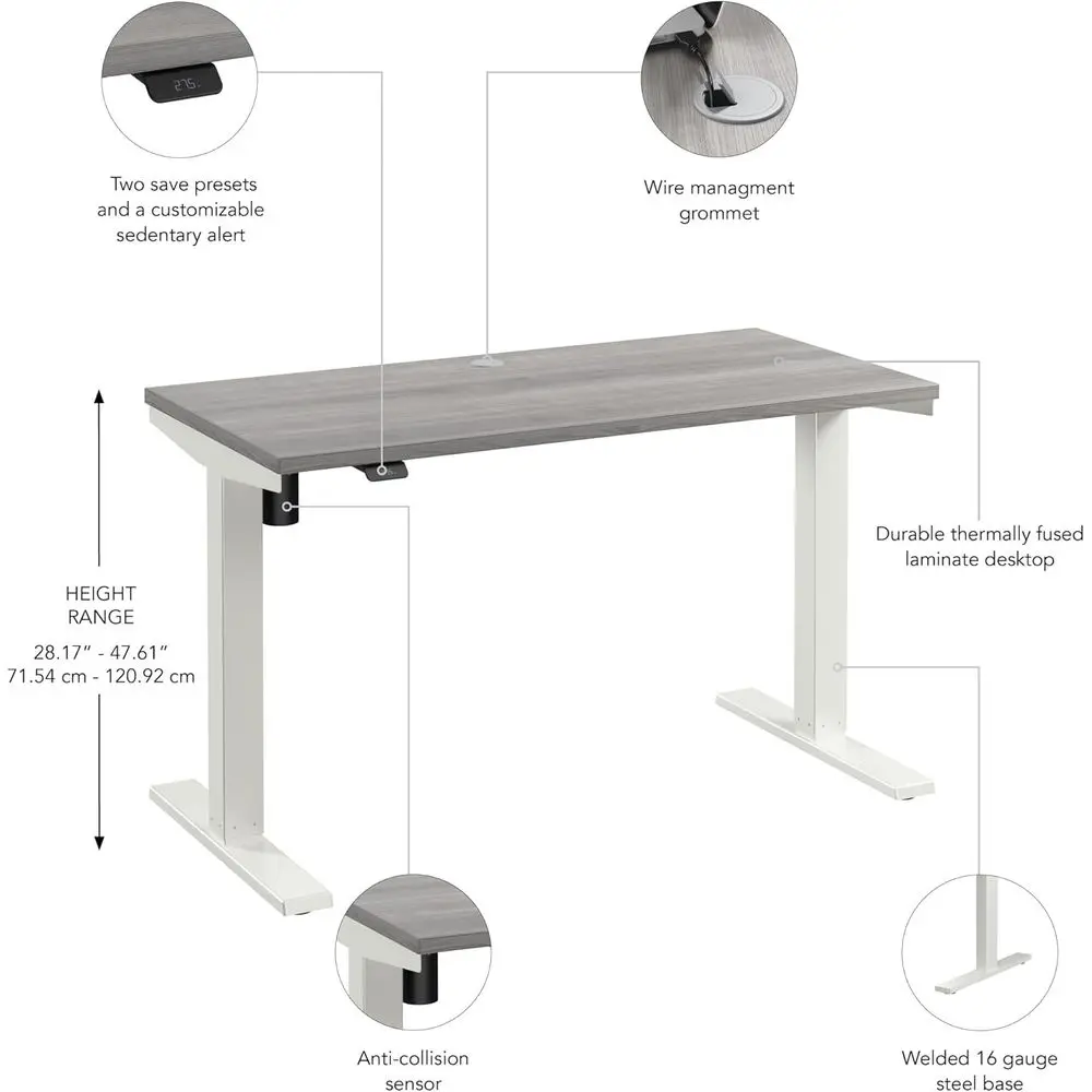 48 مكتب كهربائي قابل للتعديل، محطة عمل مريحة للجلوس، رمادي بلاتيني، قاعدة بيضاء