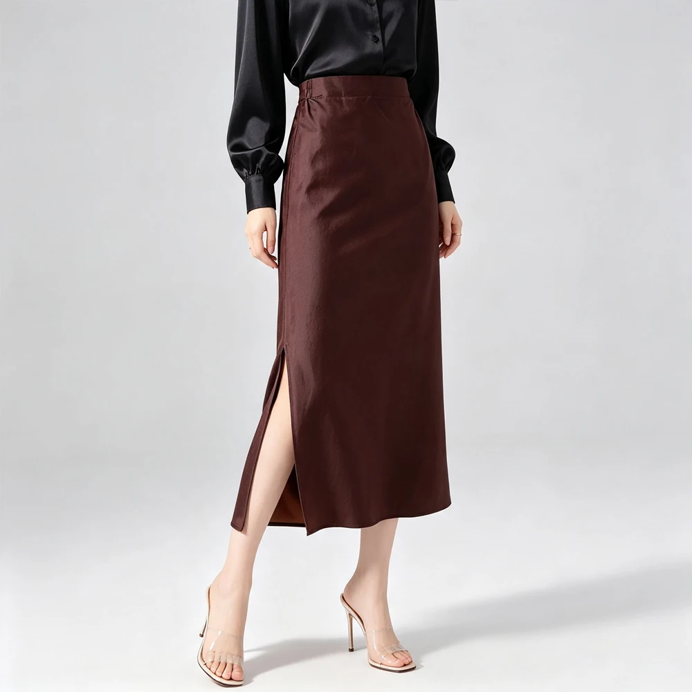2026 Women's Fashion Autumn Clothing 100% Natural Mulberry Silk Red Cloud Yarn Retro Split Elastic Waist Straight Tube Skirt