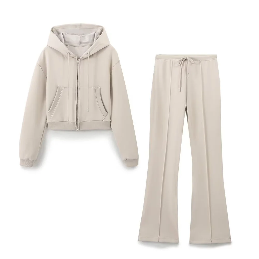 Taop&Za Autumn new women\'s fashionable casual zipper decoration hooded long sleeved sweatshirt jacket trumpet pants set