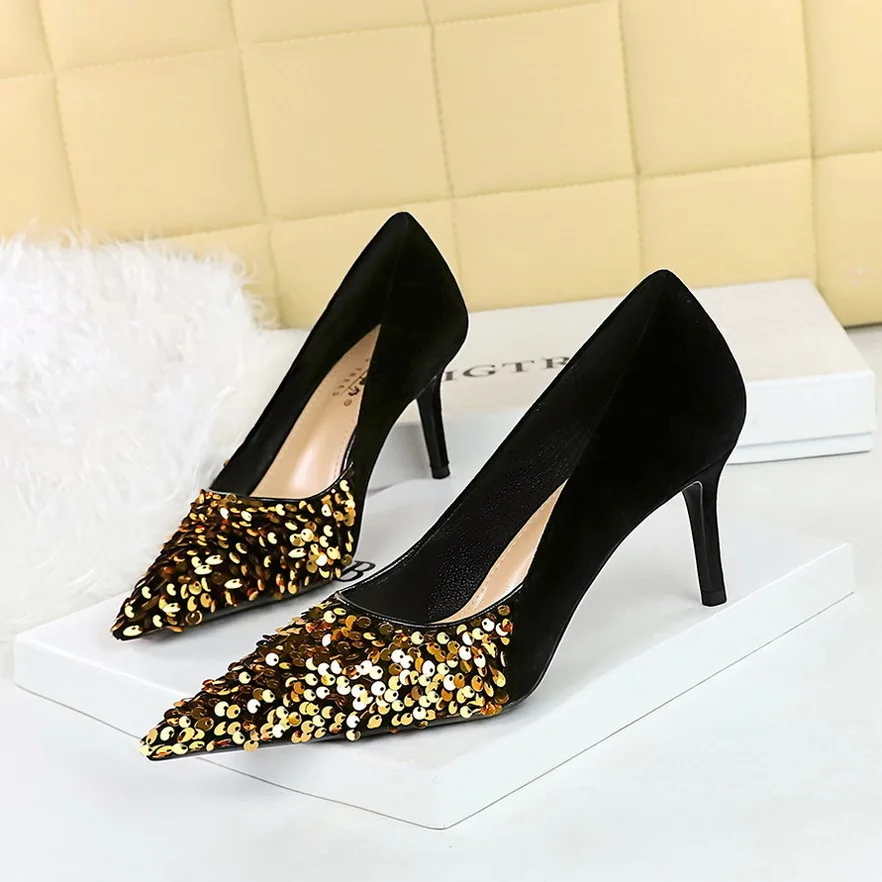 

Fashion Style Light Luxury Banquet Women's High Heels Shallow Mouth Pointed Spliced Sequin Single Wedding Shoes Women Pumps