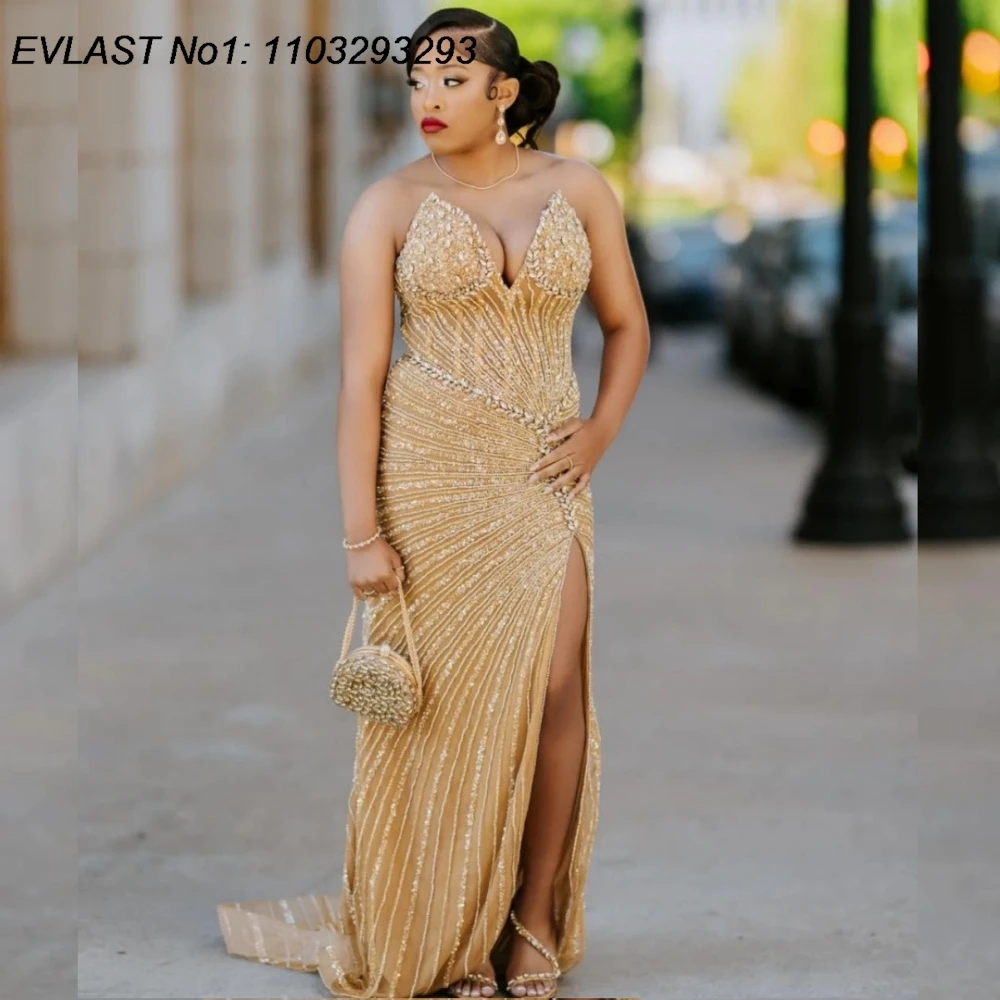 

EVLAST Customized Sparkly Gold Rhionestone Mermaid Prom Dress Black Girl Women High Slit 2026 Party Gown Robes De Soirée FP182