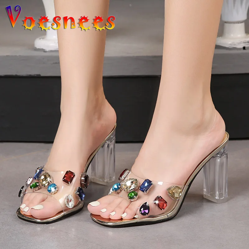 Summer Outside Fashion Color Diamonds Women Slippers Summer Sexy Transparent PVC Sandals  9CM Crystal Square Toe High Heel Heels