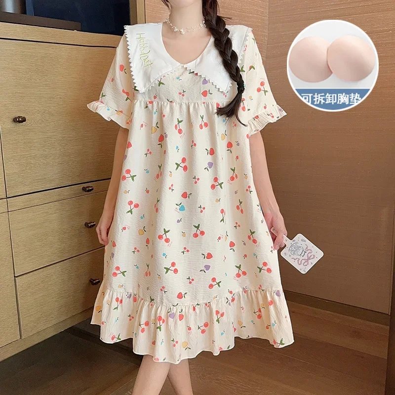 Large Size Women's Nightgow with Chest Pad Cloud Cotton Short-sleeved Home Dress Can Be Worn Outside Summer Korean Loungewear