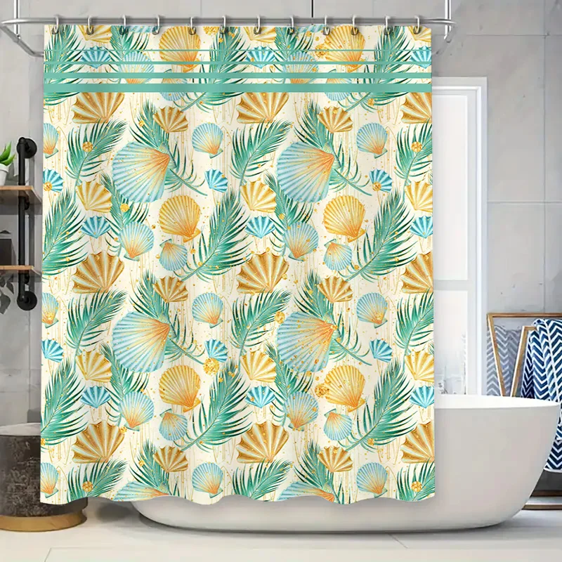 

Тропический рай: занавеска для душа с яркими пальмовыми листьями и ракушками для летнего декора ванной комнаты