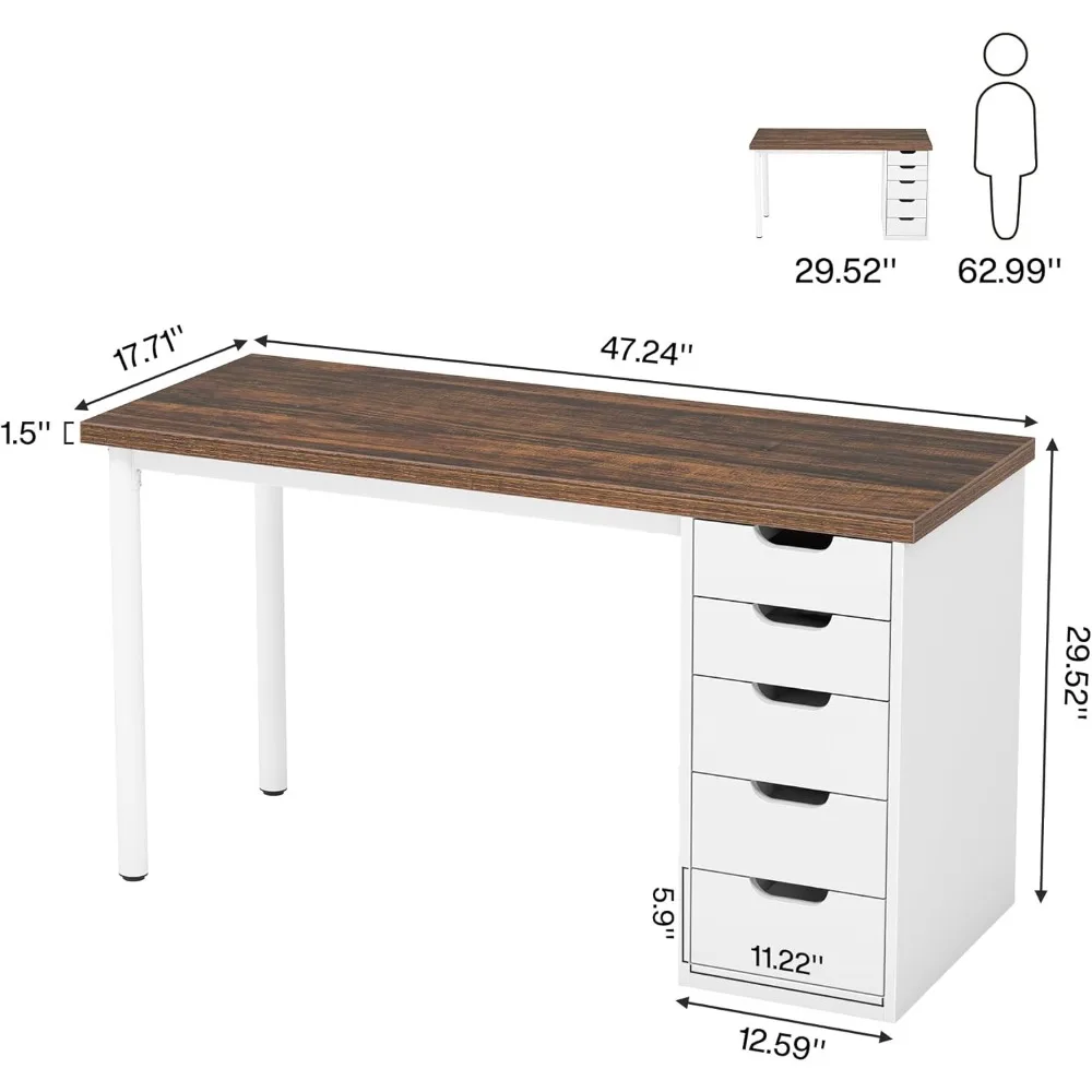 Computer Desk with 5 Drawers, 47 inches Rustic Brown Home Office Desk with Storage,Modern Simple Laptop Desk Study Writing Table