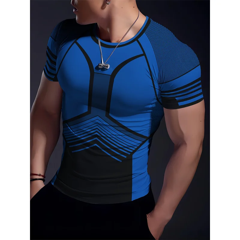 Men's Geometric Pattern Quick-Dry Sports T-Shirt High-Stretch Short Sleeve Crew Neck Fitness Training Standard Size Workout Tee