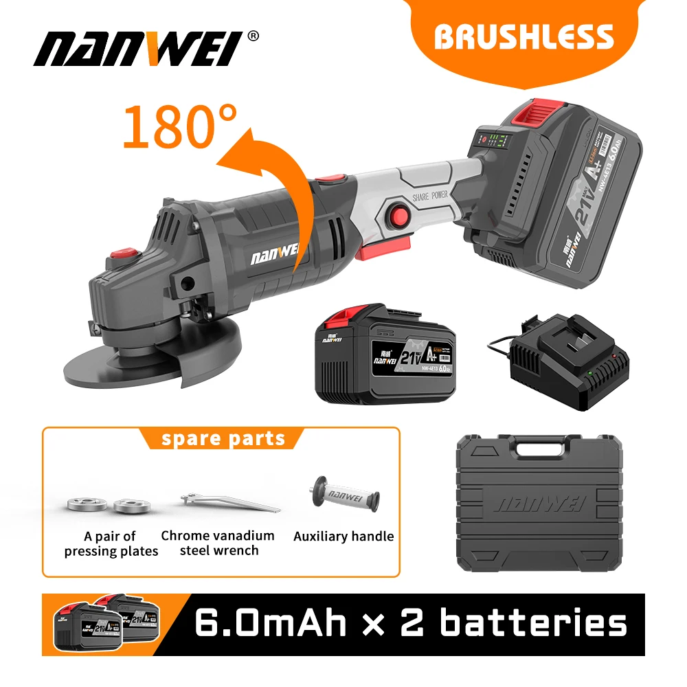 NANWEI Cordless Angle Grinder 21V Lithium-Ion Battery Machine Cutting Electric Angle Grinder Power Tool 125mm