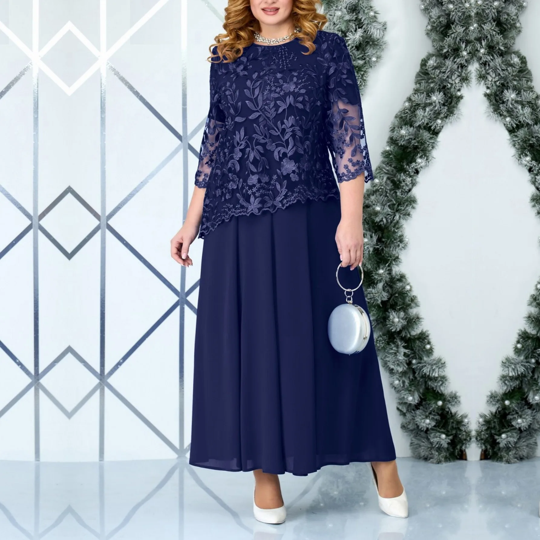 plus size loose women clothing Elegant crew neck Lace long sleeve High Waist  dress vestidos de mujer elegantes para fiesta