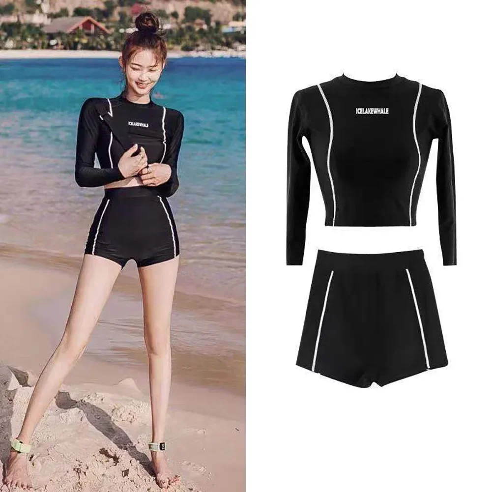 High Waist Conservative Swimsuit Set Long Sleeves Sunscreen Belly Cover Slimming Professional Swimsuit