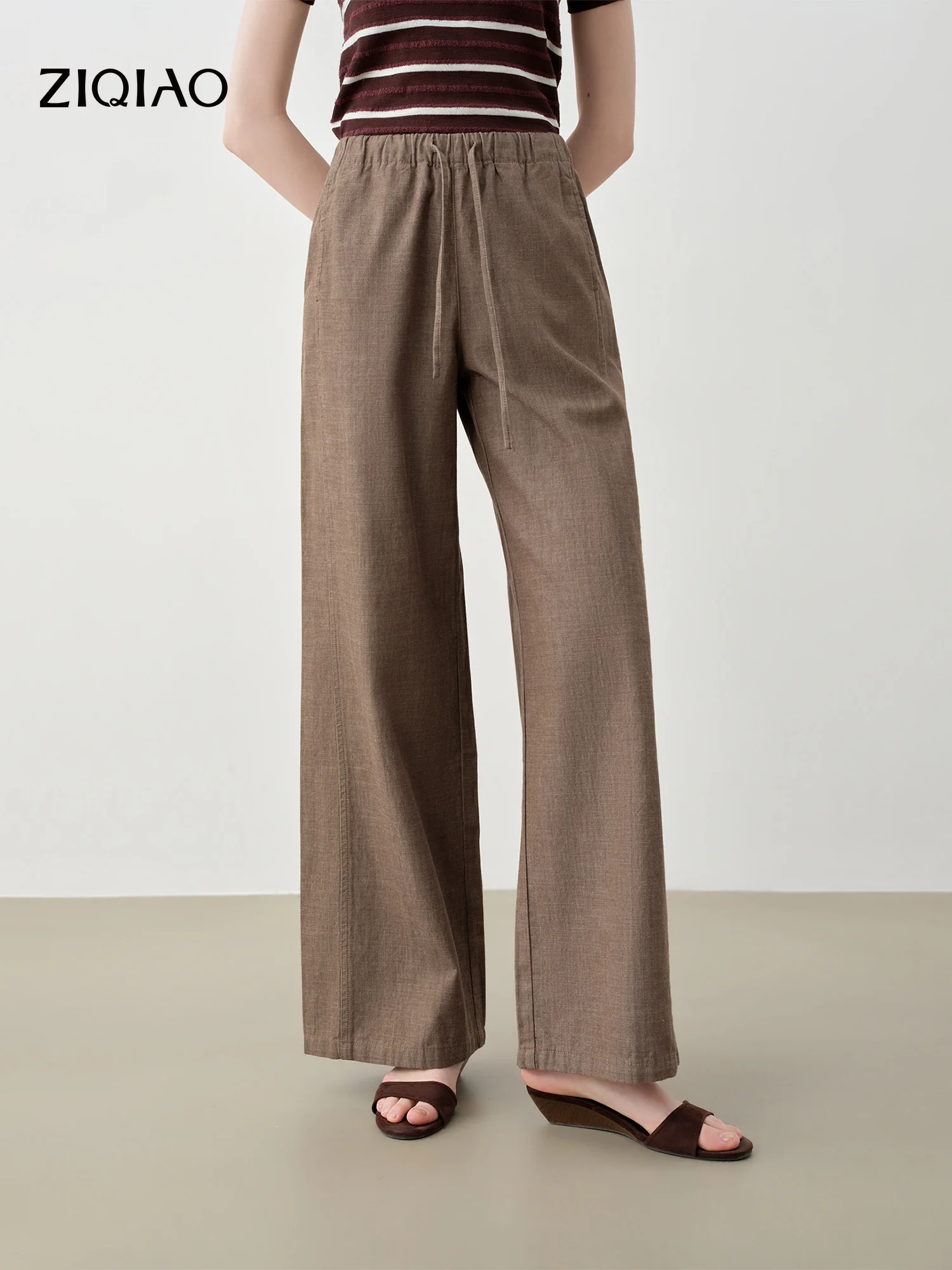 

Джинсы ZIQIAO из 100% хлопка с сохранением цвета, текстурированные, женские, широкие брюки-транчи, новинка лета 2026, с эластичным поясом