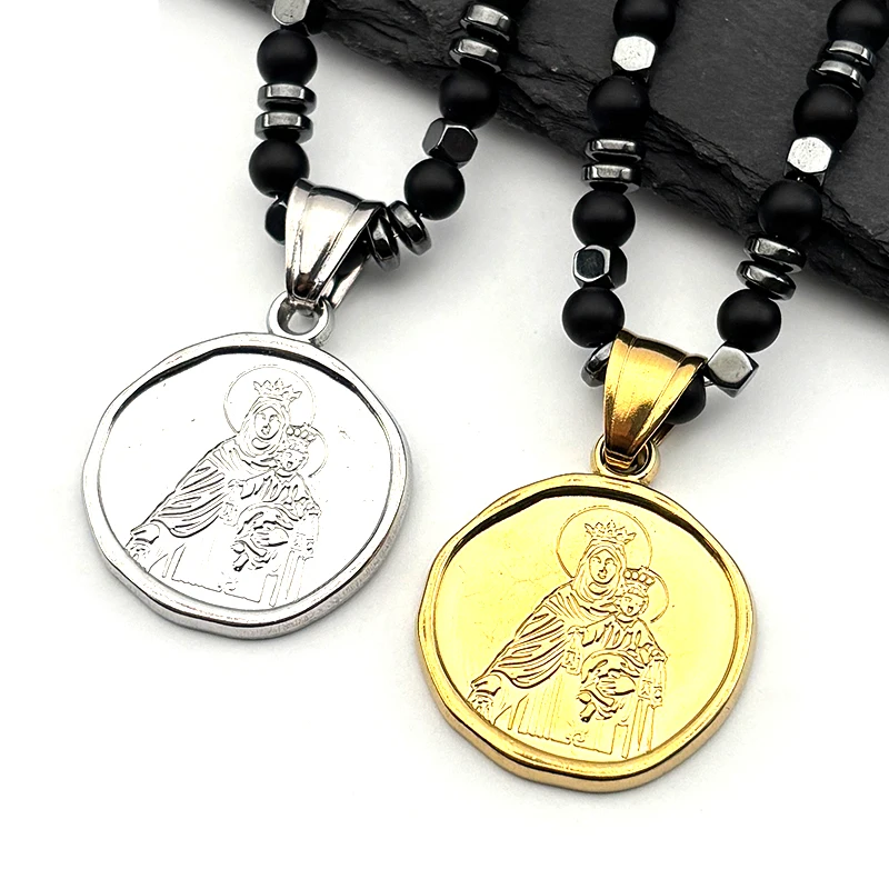 

Virgin Mary Hold Baby Jesus Pendant Necklace for Women Men Stainless Steel Gold Color Catholic Hematite Beaded Chain Jewelry
