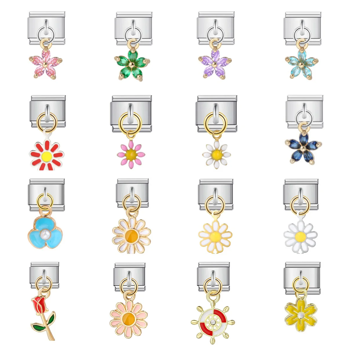 1 Stück Versilberter Bunter Niedlicher Blumenanhänger für Italienisches Gliederarmband, Passend für 9mm Edelstahl-Schmuck, DIY-Herstellung – Detail 1