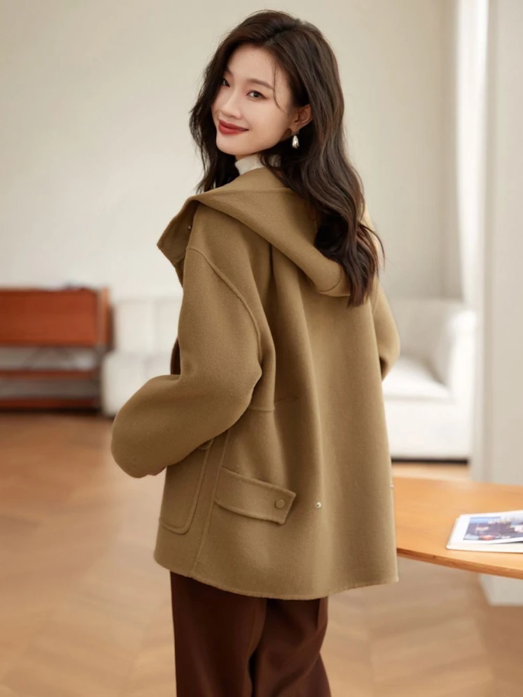 Women Winter Woolen Short Coat Korean Hooded Solid Color Single Breasted Loose Jackets Fashion Overcoats Female Clothing 2024