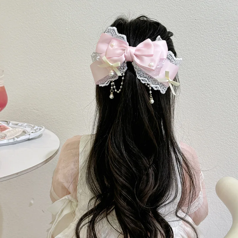 Cute Princess Lolita Bow Lace Hair Clip Headpiece Cosplay Headwear Girl Hair Accessories Lolita Handmade Pearl Hairpins Headband