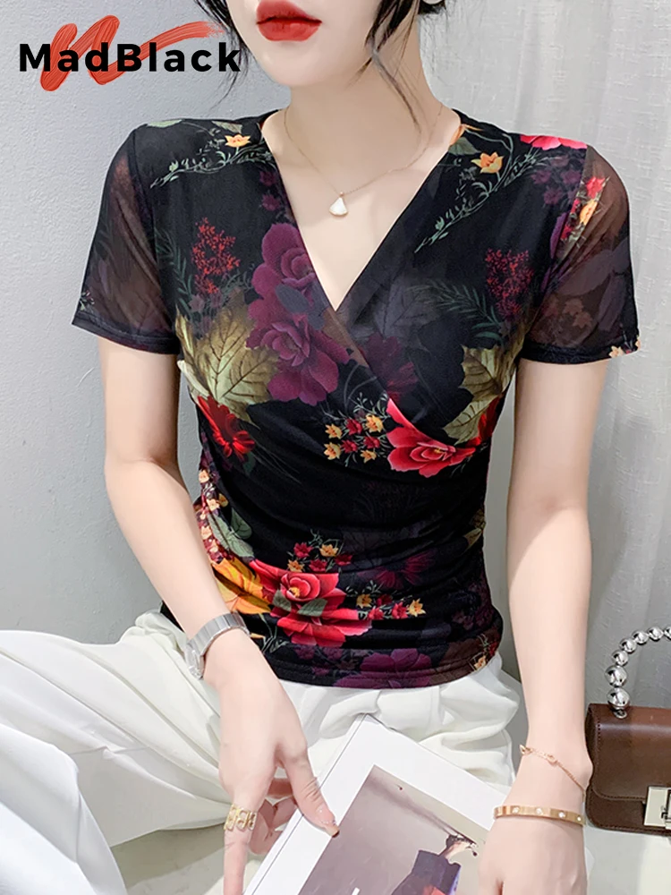 MadBlack European Clothing Tshirt Women V Necks Ruched Crossover Printed Slim Top Short Sleeve Tees Summer New T37066JC