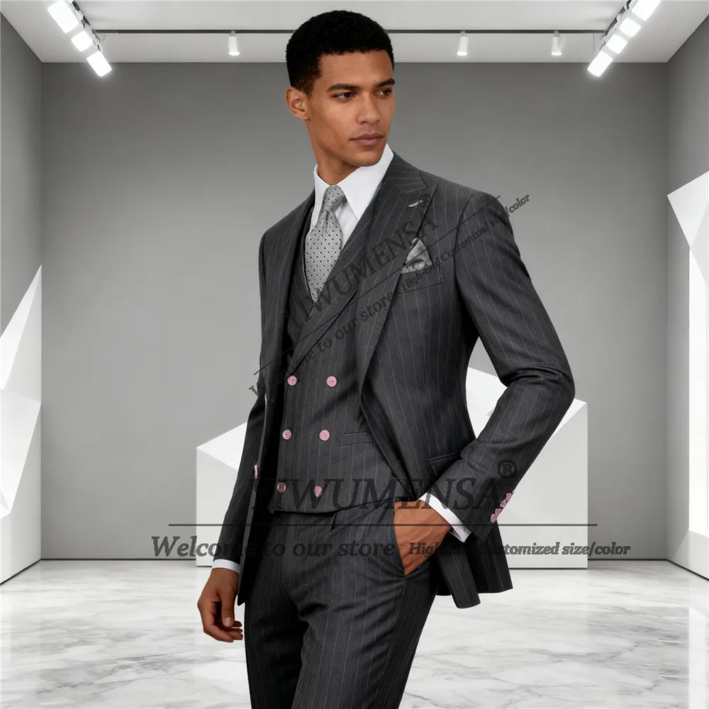 

Classic Business Stripes Men's Suit Attire 3 Piece Set Single Breasted Groom Blazers Customized Man Banquet Wedding Tuxedos 2026