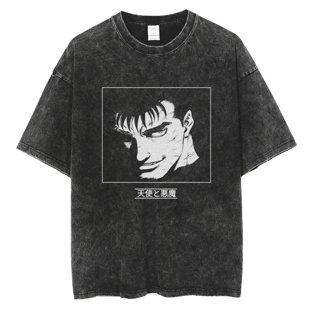 Men Fashion Tshirt Washed Black Ripped Vintage Anime 2025 Graphic T-Shirt Hip Hop Streetwear Summer Cotton T Shirt Unisex