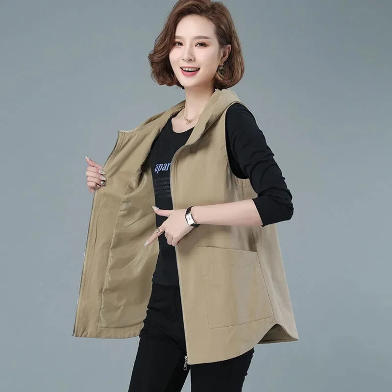 Middle-aged Women Vest Spring Autumn 2024 New  Fashion Loose Hooded  Mid-length Sleeveless  Waistcoat  Jacket Ladies Outerwear