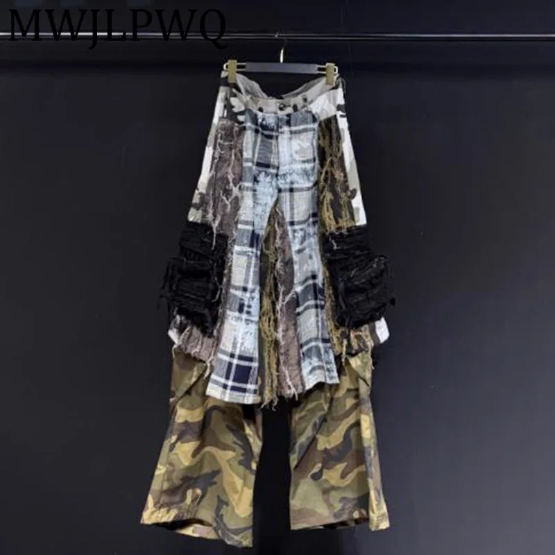 

MWJLPWQ Fake 2 Pieces Niched Design 2025 New Camouflage Loose Trousers Male High Street Autumn Destroyed Wide-Leg Pants 12415