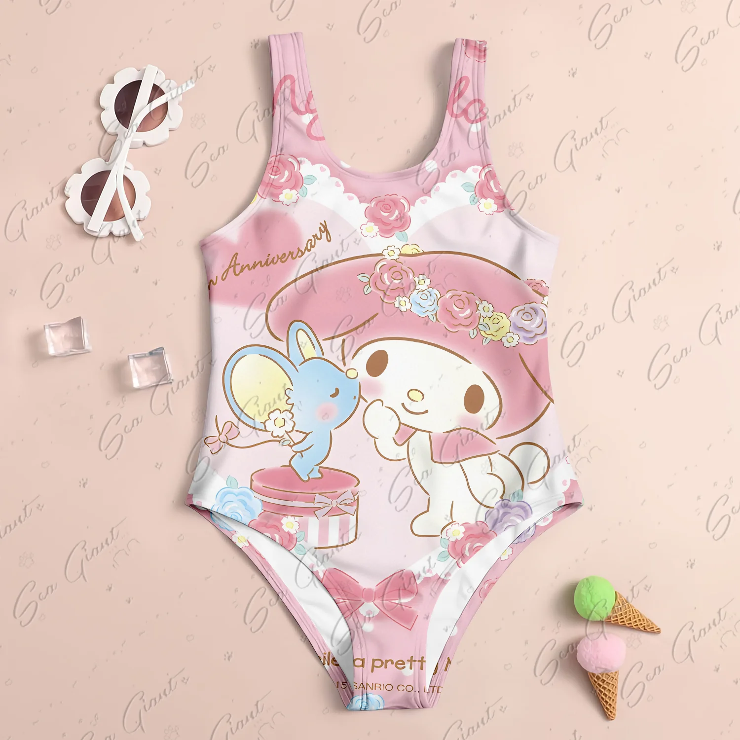 MINISO Cute Hellokitty Print New Girl Summer One-Piece Swimsuit Fashion Cartoon Women Kids Swimwear Sleeveless Swim Clothing