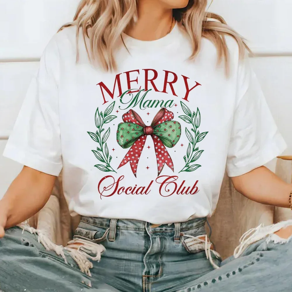 Padrão camiseta moda feminina roupas impressas pós-90s feliz natal ano novo impresso manga curta bonito estilo casual topo