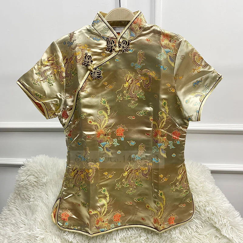 Blusa nacional china de talla grande para mujer, camisa de manga corta de verano, Tops tradicionales con cuello Mandarín de dragón Phoenix, ropa