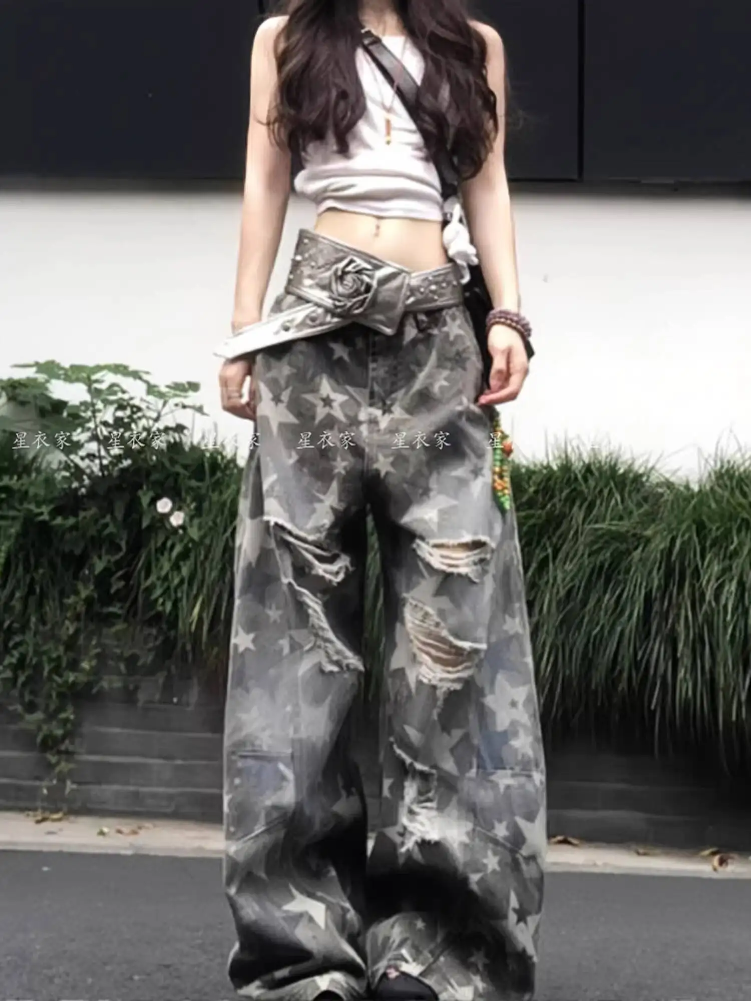 

Unsiex Jeans 2026 Spring Autumn Women's Star Print Ripped Loose Jeans Casual Drag Floor Wide Leg Denim Trousers