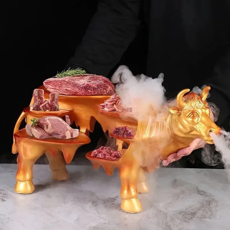 Resin Gold Cow Shaped Dry Ice Specialty Hot Pot Restaurant Creative Dinner Plates Arrangement Barbecue Themed Tableware