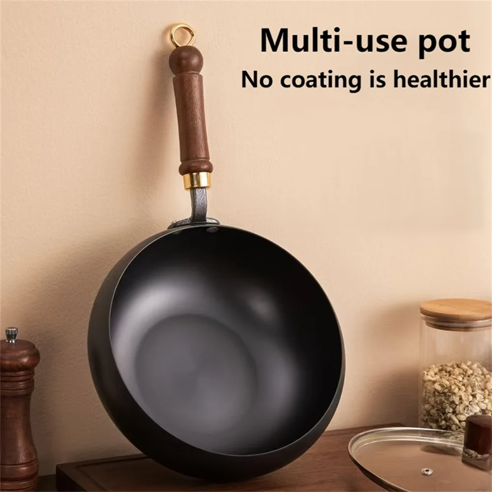 Olla tradicional de hierro fundido hecha a mano con gran barriga: superficie de espejo antiadherente, sin recubrimiento, diseño a prueba de salpicaduras