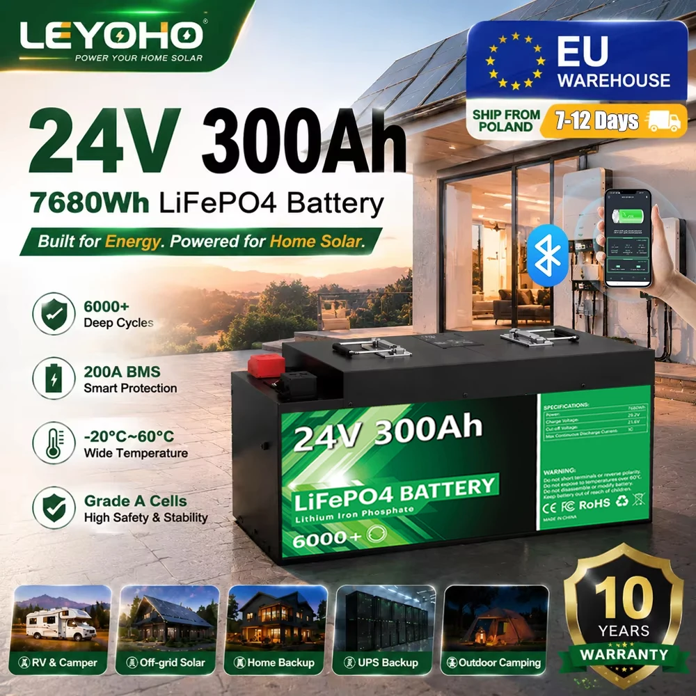 LiFePO4 24V 300Ah Batteriepack 7,68 kWh 6000+ Zyklen Bluetooth 8S 200A BMS 25,6V 100Ah 140Ah 200Ah 340Ah Wiederaufladbare Lithiumbatterie für Heimspeicher, Solaranlagen, Wohnmobile, Golfwagen,