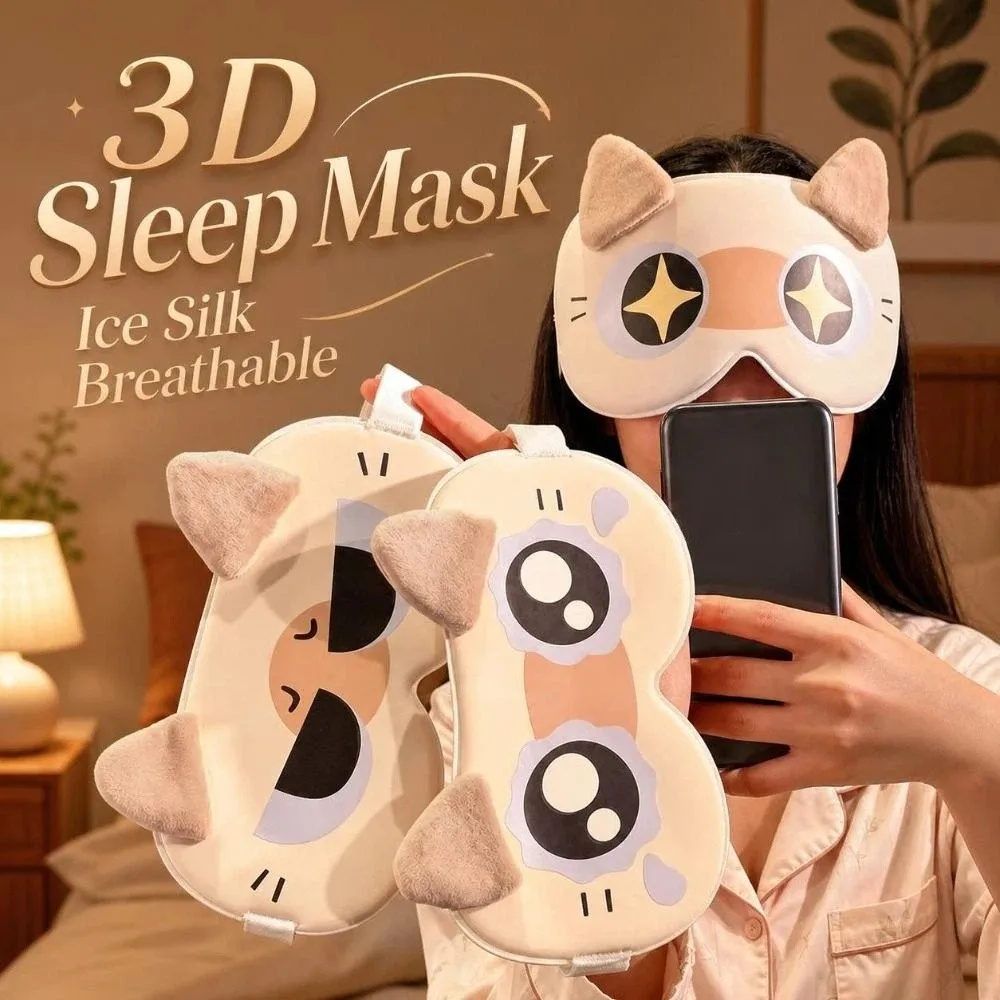 Cute Ice Silk 3D Sleep Mask Adjustable Contoured Cat Eye Sleeping Mask Lightweight Elastic Eye Cover Travel