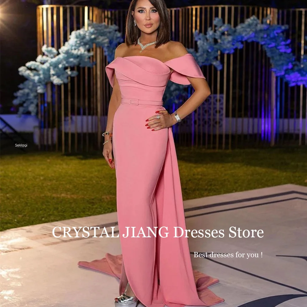 Customized Classy Long Pink Off the Shoulder Satin Evening Dresses Short Sleeves with Belt Mermaid Slit Sweep Train  فساتين سهرة