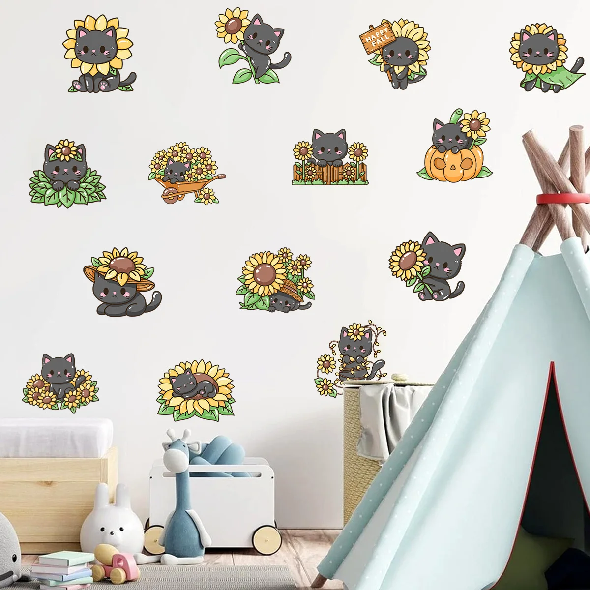Cartoon Cute Sunflower Black Cat Self-Adhesive Wall Stickers Kawaii Cats Decals for Kids Room Nursery Home Wall Decoration view 3
