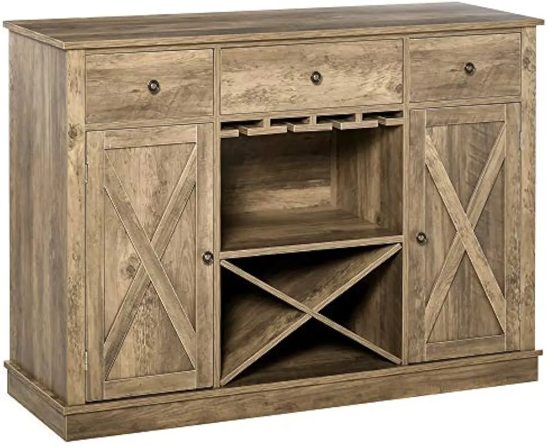 

Farmhouse Coffee Bar Cabinet, Wine Cabinet with 3 Drawers, Sideboard Buffet Cabinet with X-Shaped Wine Rack and Stemware Holder
