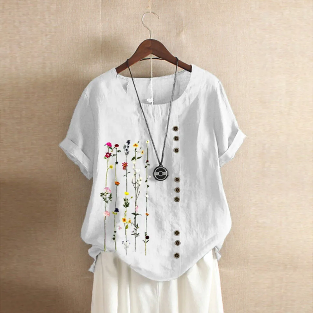 Summer Women O-Neck Short Sleeve Yellow Pullover Top Fashion Street Flower Blous Elegant Daisy-Print Cotton Shirt Casual