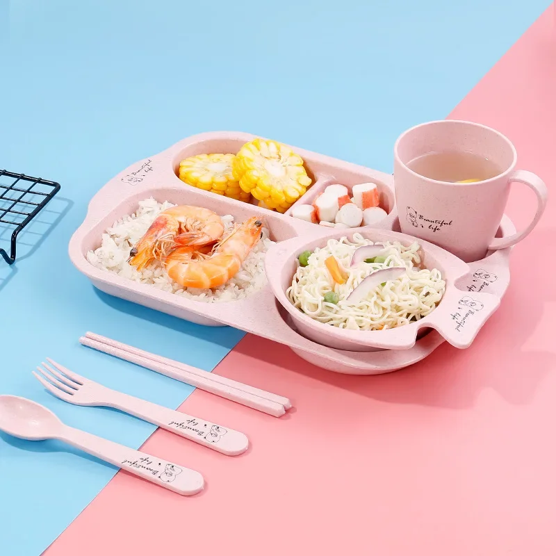

6pcs/Set Baby Feeding Bowl Set, Wheat Straw Grid Plate Cartoon Anti-fall Children's Dinner Plate Large Capacity Thickening Bowl