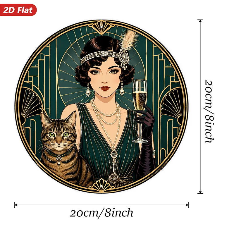 2D Flat,Round Metal Sign Wall Art, Art Deco Style Home Decor, Flapper Girl with Cat Image, Geometric Patterns,