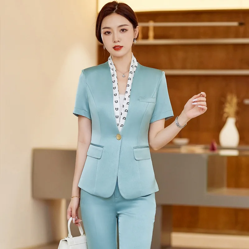 Summer Short Sleeve Formal Women Business Pantsuits with Pants and Jackets Coat OL Work Wear Professional Blazers Trousers Set