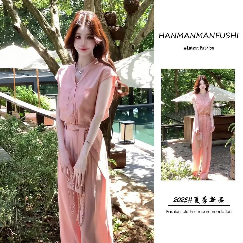 New Elegant Summer Two Piece Set Women Korean Fashion Office Lady Short Sleeve Shirt Top + Waist Wide Leg Pants Pink Suit