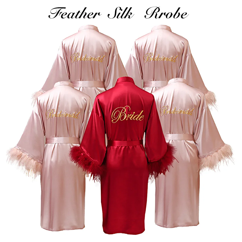 Feather Embroidery Bride Bridesmaid Wedding Robe Half Sleeve Kimono Bathrobe Nightgown Sexy Satin Sleepwear Home Dressing Gown