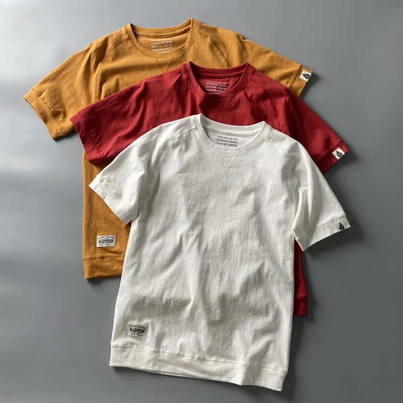 

Retro Japanese Sle Men's round Ne ort Sve T-irt Pure Cotton Waed High ammage Summer Youth Faion Loose Fit