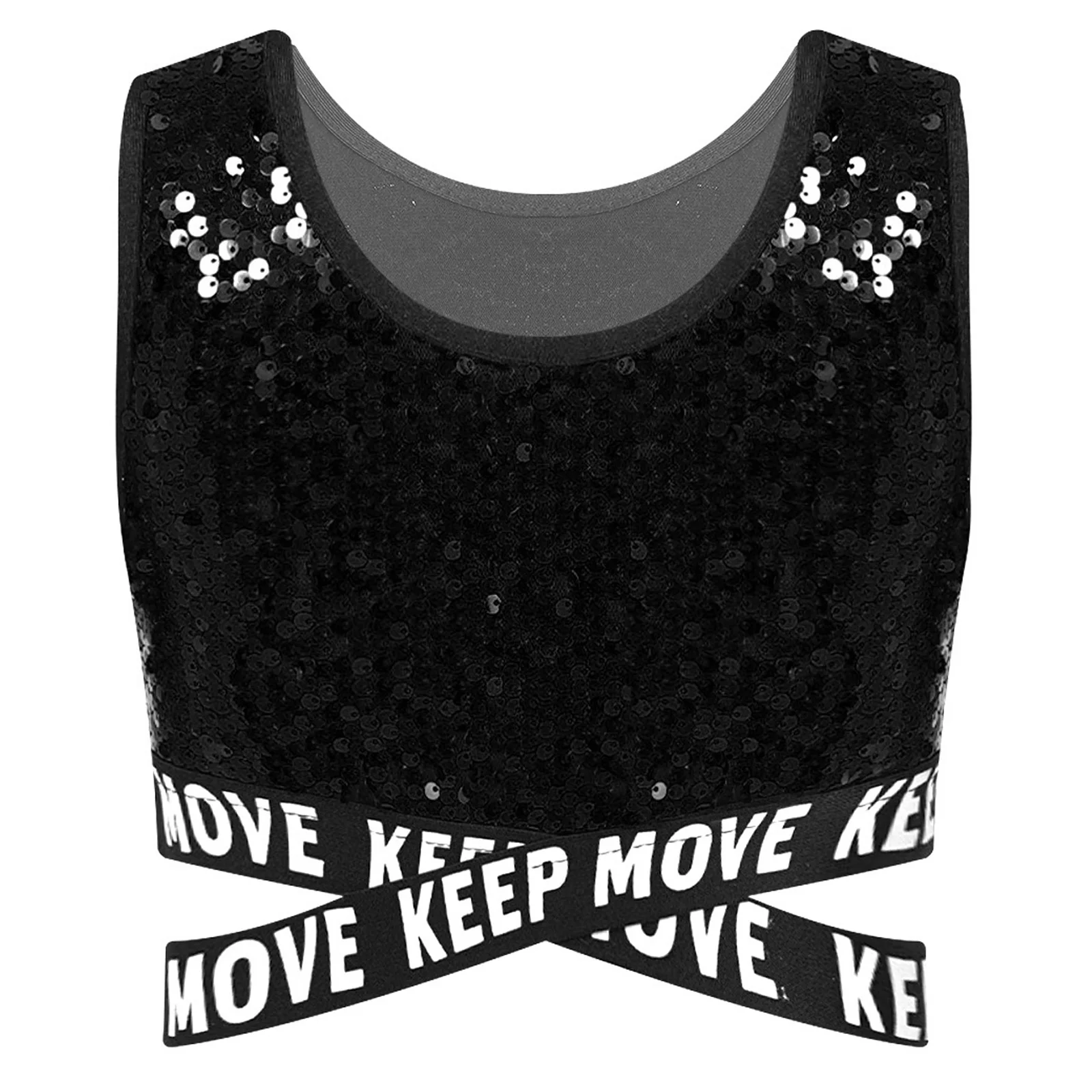 

2024 New Kids Girls Sparkling Sequin Tank Crop Top Sleeveless Criss-cross Waistline Vest for Hip-hop Jazz Dancing Performance