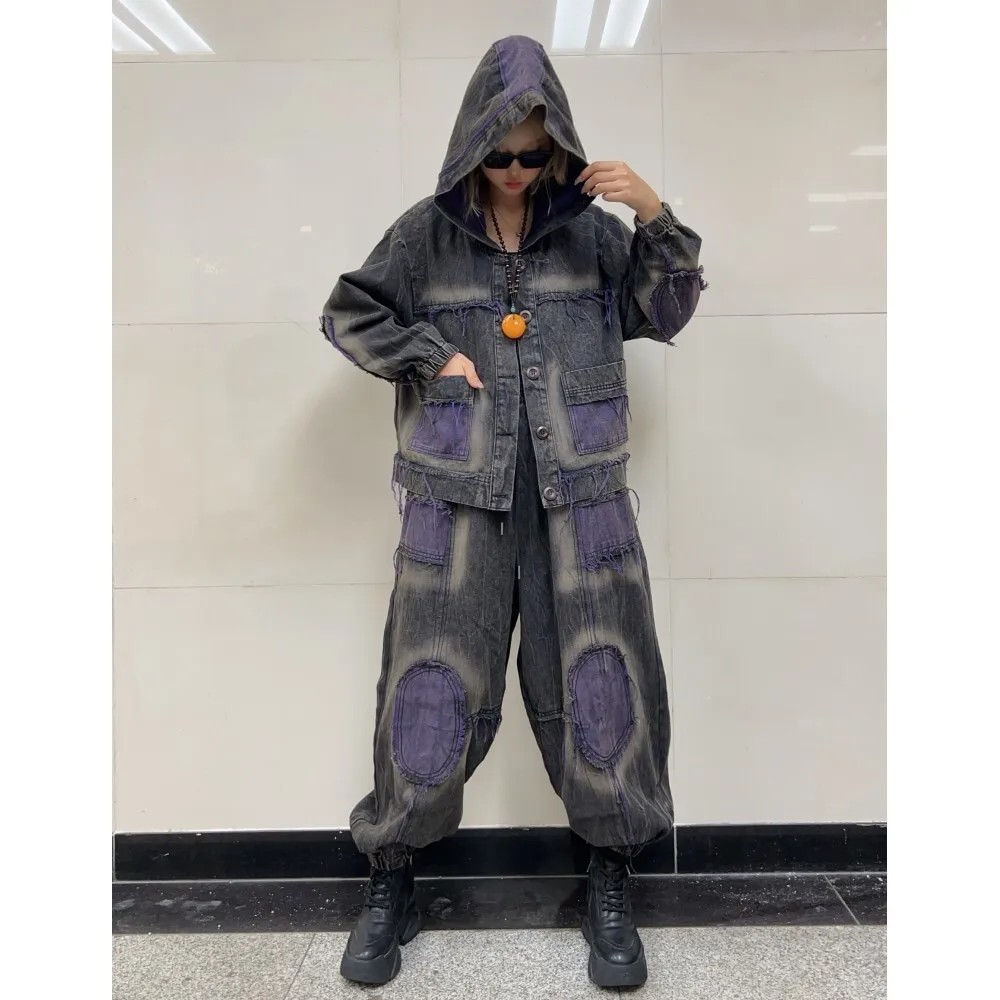 Personalized Trendy Vintage Denim Pant Set Women Contrasting Color Hooded Jacket + Harem Pants Two Piece Set Autumn ZF344