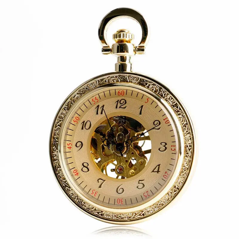 Golden Tone Case Men Retro Mechanical Hand Wind Pocket Watch Chain Luxury Gold Hollow Dial Open Face