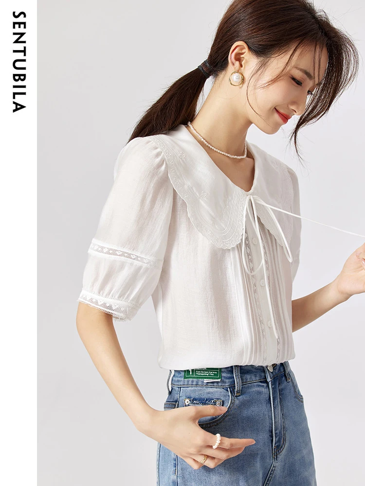 Sentubila Sweet Peter Pan Collar Short Sleeve White Shirt & Blouse 2023 Casual Summer Tops Straight Lace-up Button Down Shirts